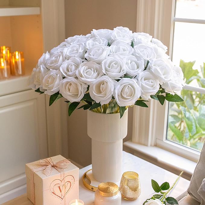 HyeFlora 50 PCS White Roses Artificial Flowers, Fake Roses with Stems Realistic Silk Roses for DIY Wedding Bouquets Tables Centerpieces Arrangements Party Baby Shower Birthday Home Decor Gift for Her