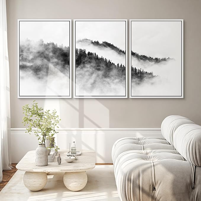 SIGNWIN Framed Canvas Print Wall Art Set Black & White Mountain Forest Valley Nature Wilderness Photography Modern Art Rustic Landscape Relax/Calm for Living Room, Bedroom, Office - 16"x24"x3 White