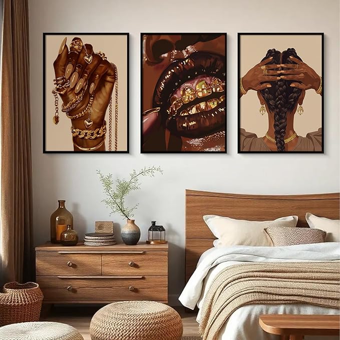 Pouydmi Black Girl Wall Art African Woman Canvas Wall Decor Black Women People Art Painting Gold Fashion Poster African American Girl Pictures for Bedroom Living Room 12x16x3 Inch Unframed