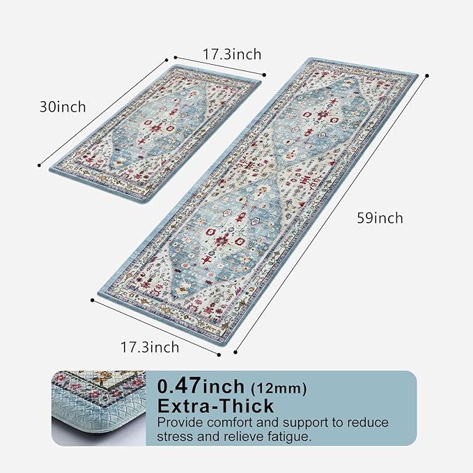 Collive Boho Kitchen Rugs and Mats 2PCS Cushioned Anti-Fatigue Floor Mat, Waterproof Kitchen Rug Set of 2 Non-Skid Comfort Standing Mat for Kitchen,Home,Office,Sink,Laundry,17"x30"+17"x59"