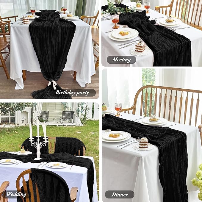 IVAPUPU 10 Pcs Cheesecloth Halloween Table Runner - 10ft Black Boho Gauze Black Cheese Cloth Table Runners for Halloween Decor Indoor Baby Shower Decoration Wedding Party Summer Garden Farmhouse