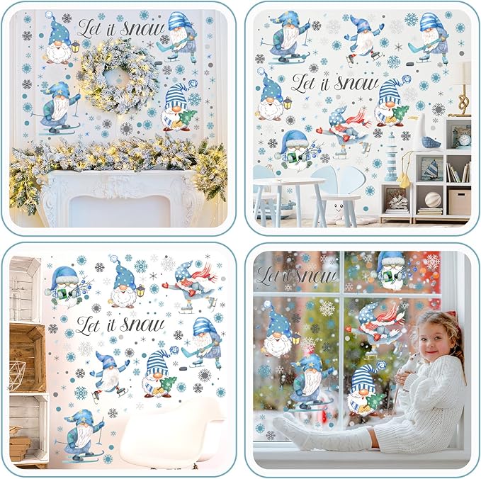 135 Pcs Winter Wall Decals Snowy Winter Gnome Stickers Snowflake Wall Decals White and Blue Stickers Christmas Window Clings for Home Bedroom Kitchen Decor Gift