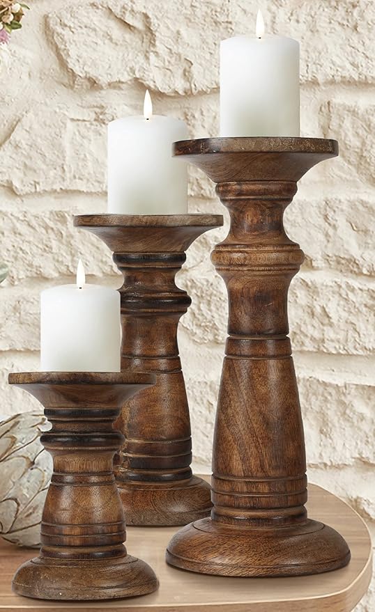 Hand Crafted Wooden Pillar Candle Holders Set of 3, Ideal for LED and Pillar Candles, Gifts for Wedding, Christmas, Party, Home, Spa, Reiki, Aromatherapy, Votive Candle Gardens - 10, 8, 6 Inch - Burnt