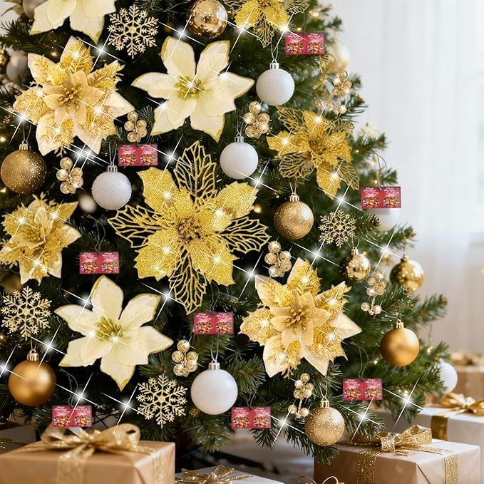 59PCS Gold Christmas Tree Decorations Set, Artificial Christmas Picks, Christmas Tree Filler, Ornaments, Artificial Poinsettia Flowers for Holiday Party Table Xmas Tree Decor