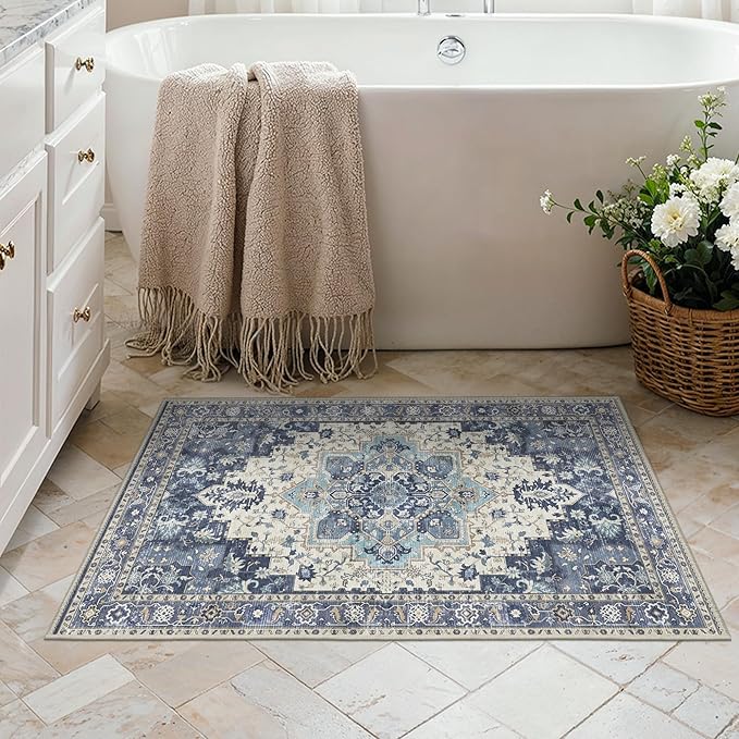 Area Rug 2x3 Doormat, Machine Washable Low Pile Vintage Rugs, Small Lightweight Rug Entryway Indoor Mat for Entrance, Hallway, Kitchen and Corridor, Center Blue