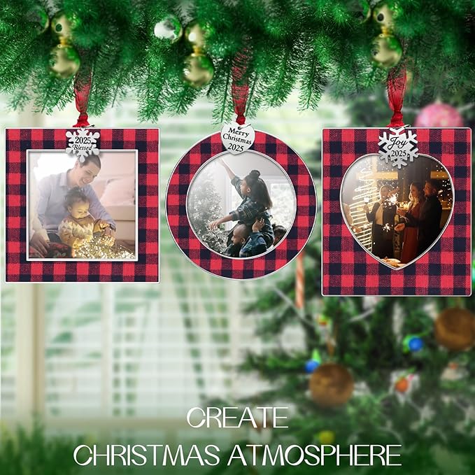 Laraine Christmas Tree Ornaments 3 Pieces – Decorative Hanging 2025 Plaid Pendant with 2.5” Picture Frame Insert Pet Holiday Keepsake Gift (Plaid-Red&Black (2025))