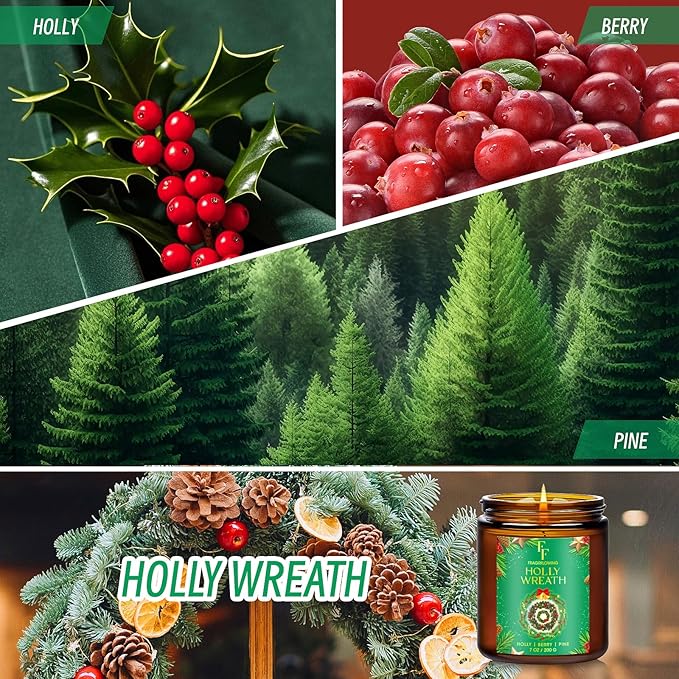 Christmas Candle, Holly Wreath Scented Candles for Home, Holiday Candles Natural Soy Candle, Aromatherapy Candle 7 oz Jar Candles Christmas Gifts for Women Men