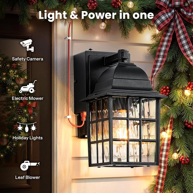 Gleamz Dusk to Dawn Outdoor Porch Light with GFCI Outlet, Modern Black Exterior Lighting Fixtures Wall Mount for House, Anti-Rust Outdoor Wall Sconce Lantern for Garage Coach with Water-Ripple Glass