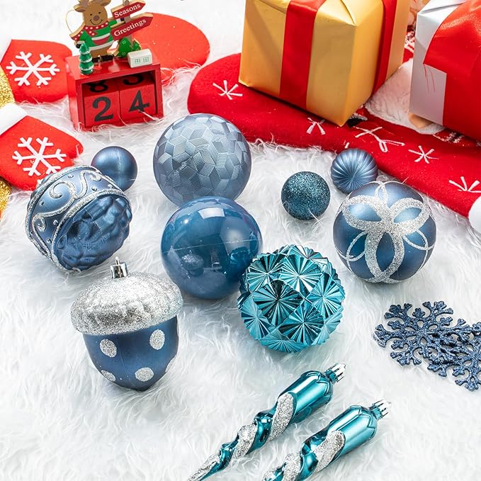 62pcs Navy Blue & Silver Christmas Balls Ornaments Set - 3.15" Big Christmas Balls - Shatterproof Plastic Decorative Baubles for Xmas Tree Decor Holiday, Wedding, Party Decoration (Navy)