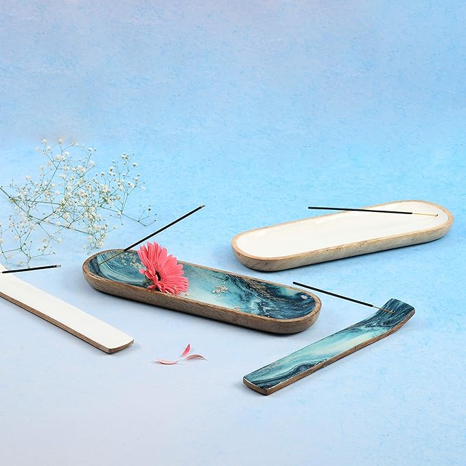 Folkulture Set of 2 Incense Holder or Incense Burner for Insence Sticks, Modern Ash Catcher or Insence Burner Holder, Wooden Insense Stick Holders or Inscent Tray, Mango Wood