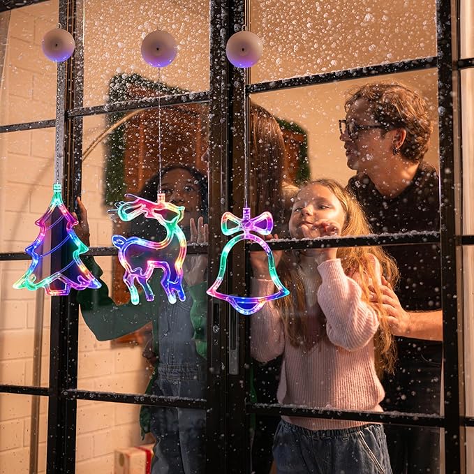 Christmas Window Lights Decorations - 3Pcs Christmas Lights Indoor w/Timer Window Decor Bell Tree Reindeer Battery Powered Hanging Multicolor Xmas Lights Suction Cups Hooks for Tree Fireplace