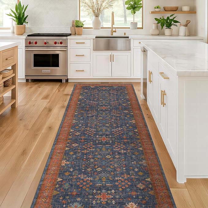 Washable 3x8 Long Runner for Wide Kitchen Floor - Navy Blue 8ft Hallway Runner Rug, Pet Friendly Waterproof Non Slip with Rubber Backing, Stain Resistant Area Rug