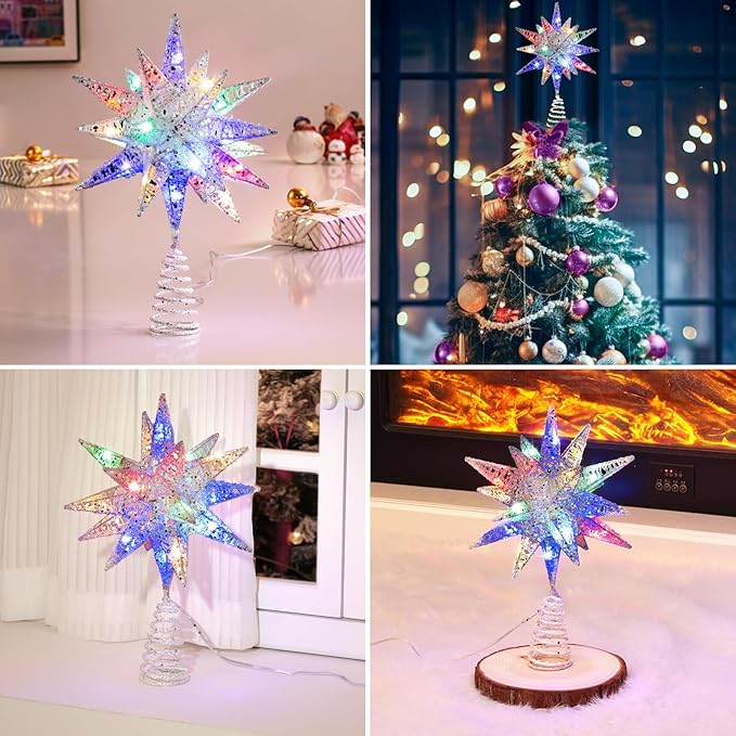Lewondr Christmas Tree Topper, Plug in 3D Starburst Xmas Lighted Star Tree Topper, Remote Control & Timer Light Up Vintage Moravian Tree Topper for Christmas Decoraiton, Colorful Light, Silver White