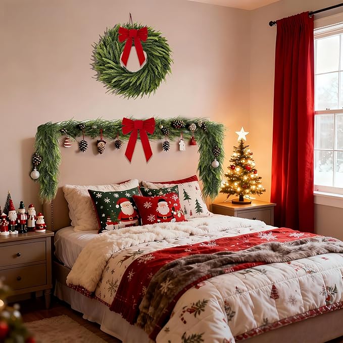 6FT Artificial Norfolk Pine Garland Includes 2 Red Bows, Real Touch Faux Greenery Garland for Home, Wedding, Party Decor - Mantle, Staircase, Indoor Outdoor