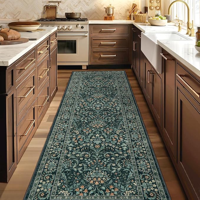 Woaboy Washable 2.6x8 Runner Area Rug, Hallway Kitchen Bedroom Beside Laundry Room Bathroom Rug，Non-Slip Low Pile Stain Resistant Soft Carpet for Vintage Boho Floral Home Decor Dark Green