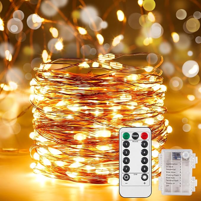 4 Pack 16.4 Ft. Battery Operated Outdoor String Lights with Remote & Timer, LED Warm White Fairy Lights, Waterproof Twinkle Lights for Bedroom, Dorm, Mason Jar, Wedding, Party, Christmas