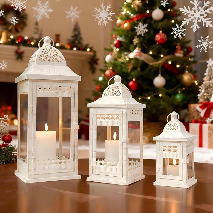 JHY DESIGN Set of 3 Decorative Candle Lanterns 20"&14.5"&9.5" High Vintage Style Hanging Lantern, Metal Candleholder for Indoor Outdoor, Events, Parties and Weddings（Beige with Gold Brush）