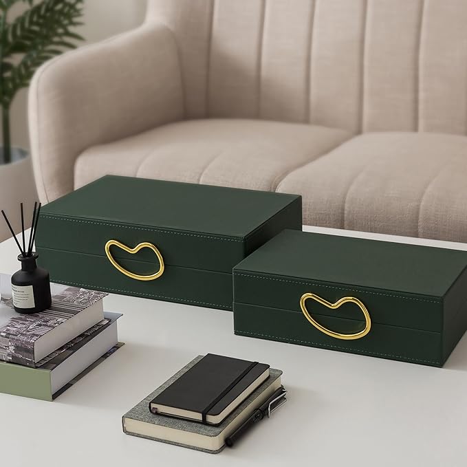 Soul & Lane Faux Leather Decorative Boxes with Lids for Home Decor, Set of 2 Stacking Hinged Boxes for Coffee Table and Living Room Shelves, Nesting Remote Control Holder, Forest Green