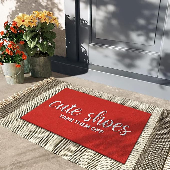 AOAOPQ Take Shoes Off Front Door Mat Indoor Outdoor Entrance Weather Doormat, Sturdy Natural Back Rubber Mats Easy Clean Patio Porch Entryway Red Mat