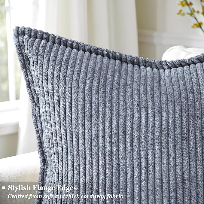 decorUhome Corduroy Blue Grey Throw Pillow Covers 16x16 Set of 2 Decorative Soft Boho Farmhouse Euro Couch Pillow Covers for Living Room Bed Sofa Broadside Striped Pillow Cases