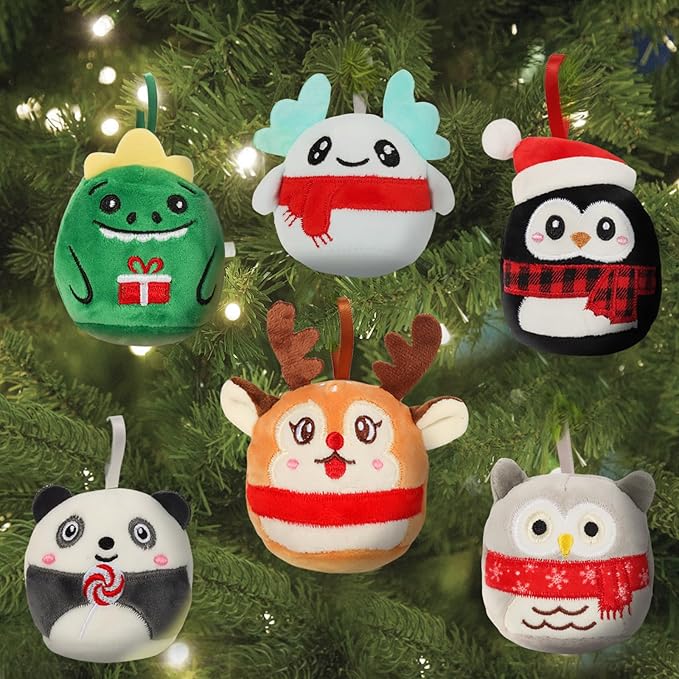 3.15’’ Mini Plush Christmas Tree Ornament, 6 Pack Cute Plushies Collectible Soft & Squishy Small Stuffed Animal Toy - Stocking Stuffers, Gift for Kids