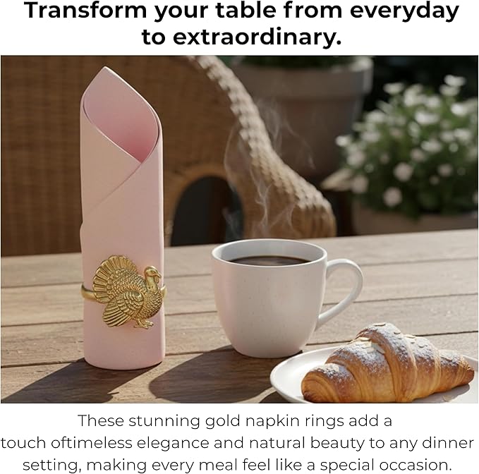 ALPHA Living HOME Turkey Napkin Rings Set of 12 for Thanksgiving Table Decor | Premium Metal Dinnerware Holders | Fall Harvest, Christmas & Holiday Banquet Accessories (Gold)