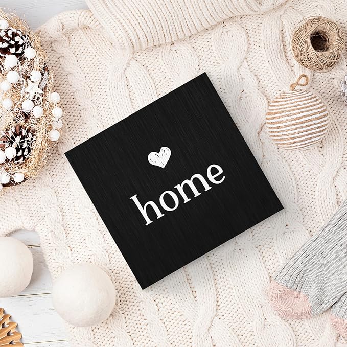 Home Sign, Home Signs for House Decor, Welcome Sign, Rustic Farmhouse Desk Decor Wood Block Box Plaque for Living Room Wall Shelf, Housewarming Gifts (Black)
