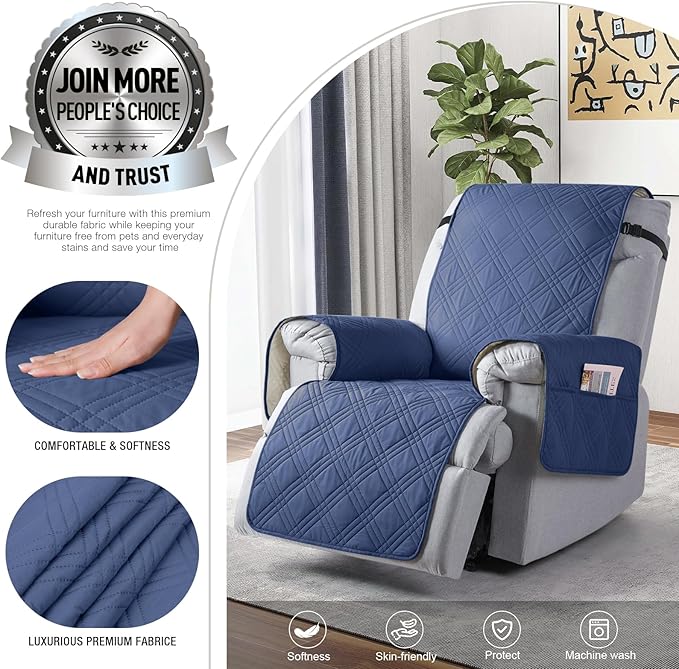 TAOCOCO Waterproof Recliner Chair Cover, Non Slip Oversized Recliner Covers for Recliner Chair with Pocket, Reclining Chair Cover Furniture Protector for Kids, Pets(Oversized Recliner, Ocean Blue)