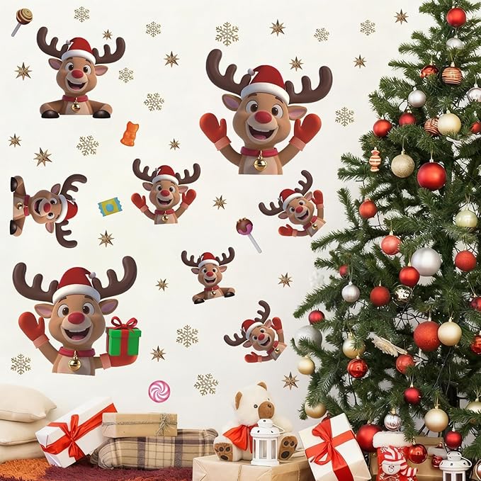 Christmas Window Clings Reindeer, Xmas Elk Wall Decals, Christmas Reindeer Wall Stickers, Xmas Snowflake Window Stickers, Xmas Candy Giftbox Wallpaper for Party Home Living Room Bedroom