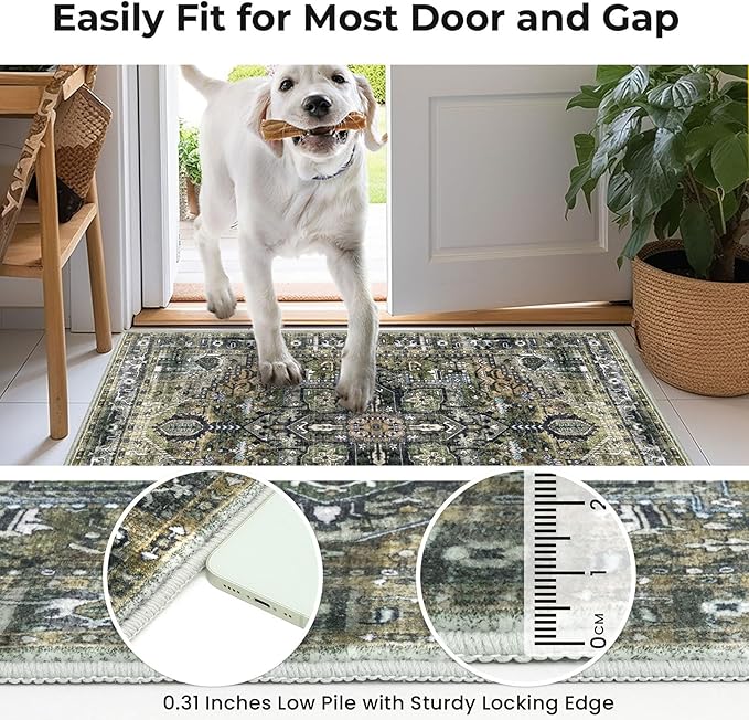 KOZYFLY Runners for Hallways 2x6 Ft Washable Kitchen Runner Rug Boho Runner Rug for Entryway Indoor Printed Oriental Faux Wool Floor Carpet Runner for Bedroom Kitchen Hall, Charcoal/Green/Olive