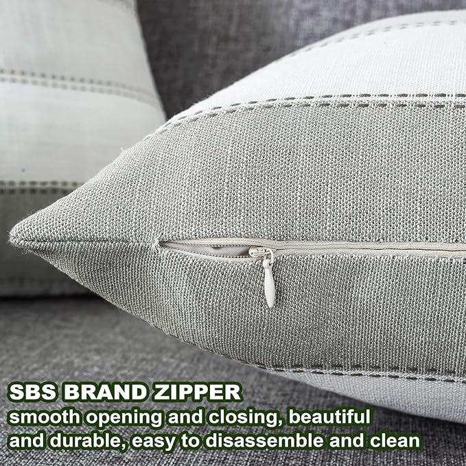 AmHoo Pack of 2 Farmhouse Stripe Check Throw Pillow Covers Set Case Cotton Linen Decorative Pillowcases Cushion Cover for Couch Bench Sofa 22x22Inch Dark Grey Beige