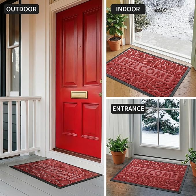 Yimobra Large Welcome Mat 60x36, Waterproof Non-Slip Outdoor Mats for Front Door Outside Entrance, Low-Profile Entryway Mat Indoor for Garage Patio, Wine Red