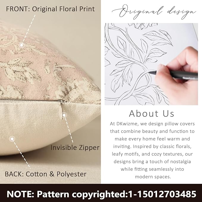 Vintage Floral Print Throw Pillow Covers 18x18 Set of 2 Neutral Modern Farmhouse Pillowcases Accent Decorative Cushion Covers Boho Home Decor for Couch Sofa Chair Bed Living Room, Champagne Pink