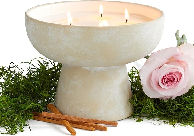 Blueme Romance Candle | Oakmoss & Sandalwood | 5 Wick - Refillable Wellness Candle with Essential Oils, Hand Finished & Poured Soy Wax Blend Ceramic Vessel, Natural Cotton Wicks | Large 24 oz