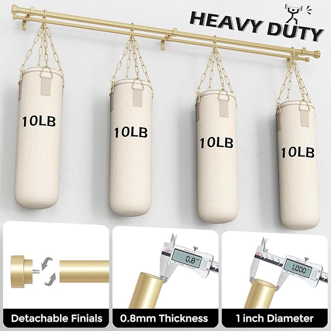 Double Curtain Rod, 1 Inch Gold Extra Long Dual Curtain Rods 120 to 170 Inch with Aluminium Modern End Cap Finial, Adjustable Heavy Duty Window Treatment Rods, Telescopic Metal Double Drapery Pole Set