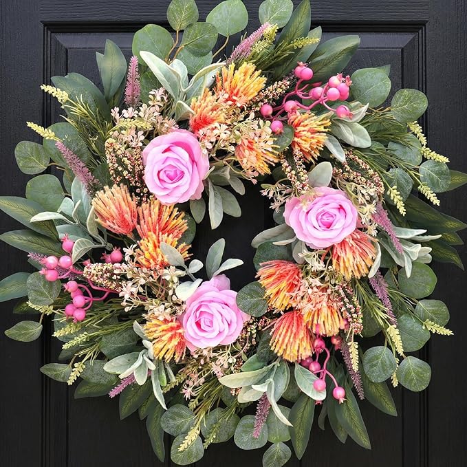 24 Inch Spring Rose Wreath Handmade Wreath for Front Door, with Eucalyptus Berries & Flocking Prote, Farmhouse Wreath for Home Indoor Outdoor Wall Festival Farmhouse Holiday Decor Year Round
