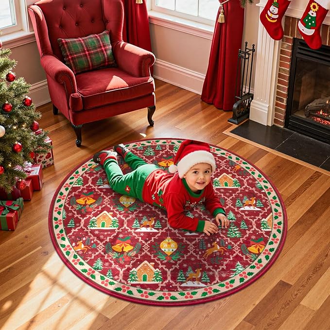 HEBE 4Ft Round Christmas Area Rug, Non Slip Farmhouse Round Rug for Living Room, Washable Soft Circle Rugs for Bedroom Christmas Round Floor Carpet for Dining Room Xmas Holiday Decor
