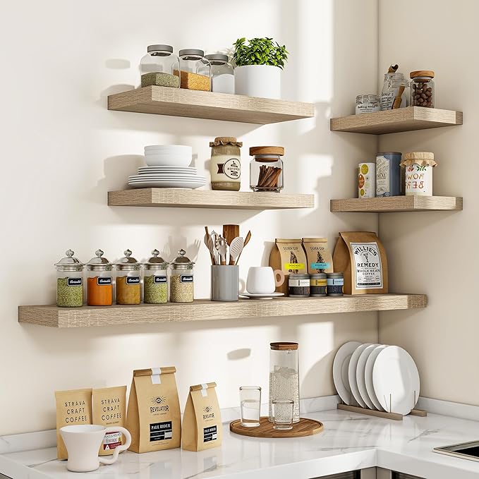 16 Inch Floating Shelves, 3D Textured Wood Grain, 16"x9.25"x1.5" Inch Deep Floating Shelves for Wall, Wooden Shelves for Bathroom, Bedroom, Living Room, Vintage White Oak, 2 Pieces
