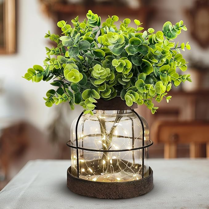 Rustic Farmhouse Glass Vases with Green Artificial Eucalyptus Plants & Lights Primitive Vintage Lantern Home Decor Centerpiece for Counter Coffee Table Shelf Desk Office Dining Room Kitchen Bathroom