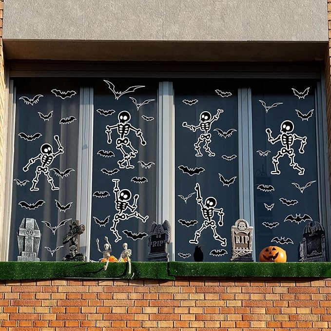 Halloween Wall Decals and Skeleton Window Clings - 6 Sheets 43 Pcs Removable Black Ghost Bat Wall Stickers for Mirrors, Windows, Home Bedroom Party Decor