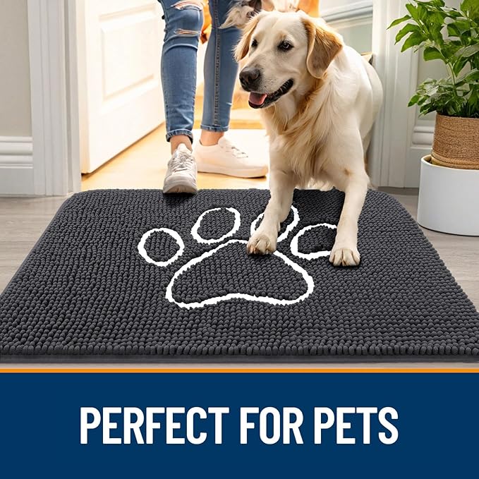 OLANLY Dog Door Mat for Muddy Paws 70x24, Paw Print Design, Absorbs Moisture and Dirt, Absorbent Non-Slip Washable Doormat, Quick Dry Chenille Mud Mat for Dogs, Entry Indoor Entryway Carpet, Dark Grey