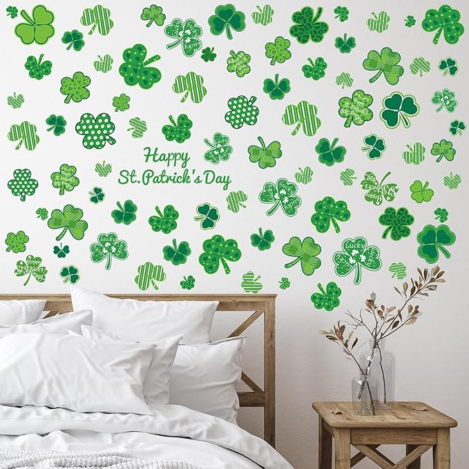 Eersida 6 Sheets St. Patrick's Day Wall Stickers Shamrock Wall Decals for Party Supplies Decorations Large Shamrock Green Quotes Wall Stickers St. Patrick's Happy Decals for Window Clings Glass