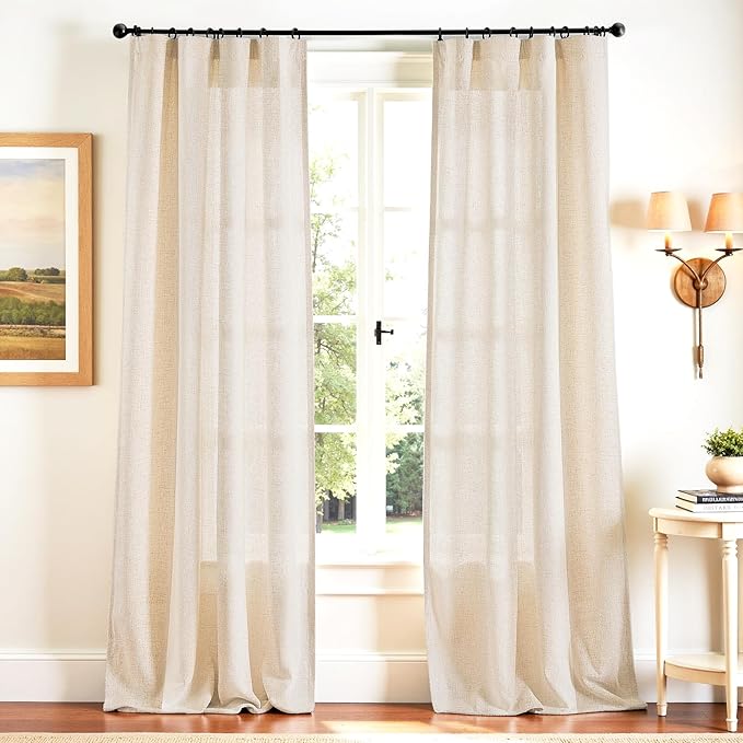 jinchan Beige Linen Blend Curtains 108 Inches Extra Long 2 Panels for Bedroom Living Room, Light Filtering 50 Inches Wide Natural Farmhouse Drapes with Rod Pocket Back Tab (50W x 108L, Ecru)