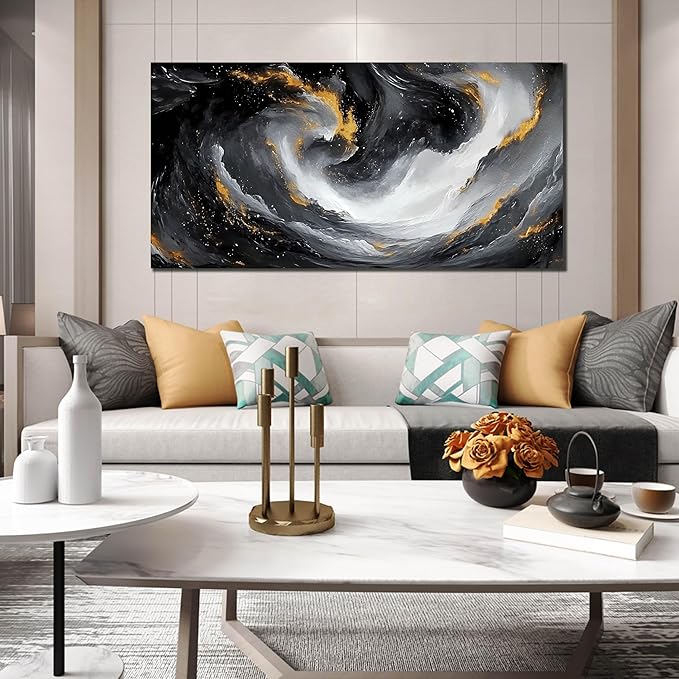 SIXTTART Large Abstract Canvas Wall Art for Living Room - Modern Pictures Wall Art for Office - Black White and Gold Wall Art for Bedroom Size 29" x 59"