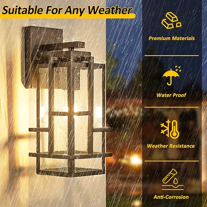 Outdoor Wall Light Fixture with Seeded Tempered Glass, Waterproof Outside Wall Coach Lantern with E26 Sockets, Brown Large Porch Sconces Lamp for House, Patio, Garage
