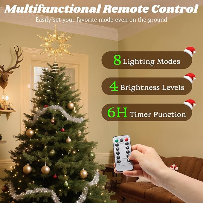 Lewondr Christmas Tree Topper, 14.17'' Metal Xmas Star Tree Topper with 30 LED Bulbs, USB Remote Control Glittered Sunflower Treetop, 6H Timer, 8 Light Modes Christmas Decorations for Home, Gold