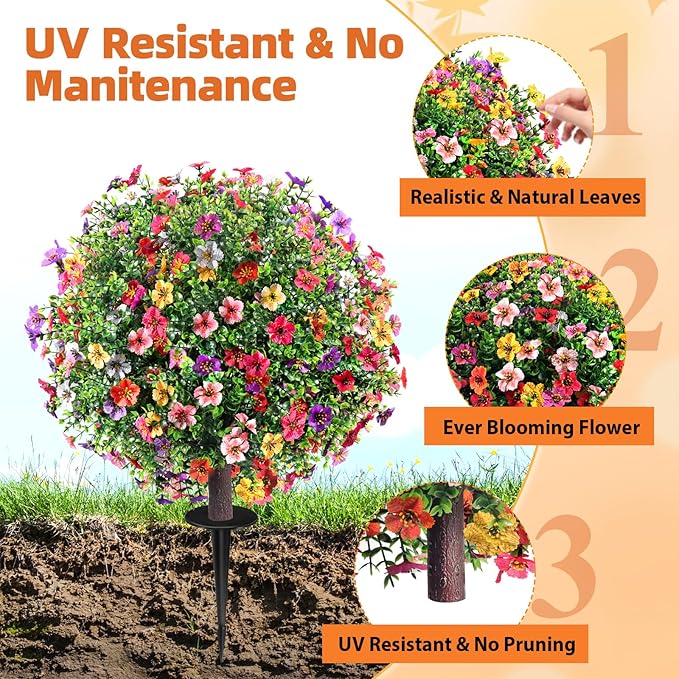 27.5" Artificial Boxwood Topiary Ball Trees with Colorful Flowers, Set of 2 Fake Bushes Shrubs with Ground Spike, UV Resistant Faux Evergreen Tree for Front Porch Outdoor Garden Decor