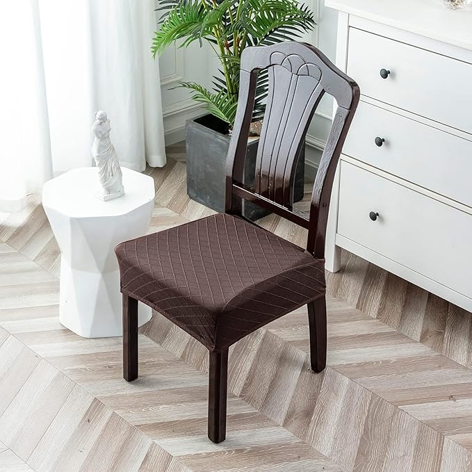 Genina Waterproof Seat Covers for Chairs,Set of 6 Dining Room Chair Seat Covers for Kitchen,Stretch Jacquard Removable Washable Dining Chair Slipcovers Protectors,No Rear Covers, Chocolate