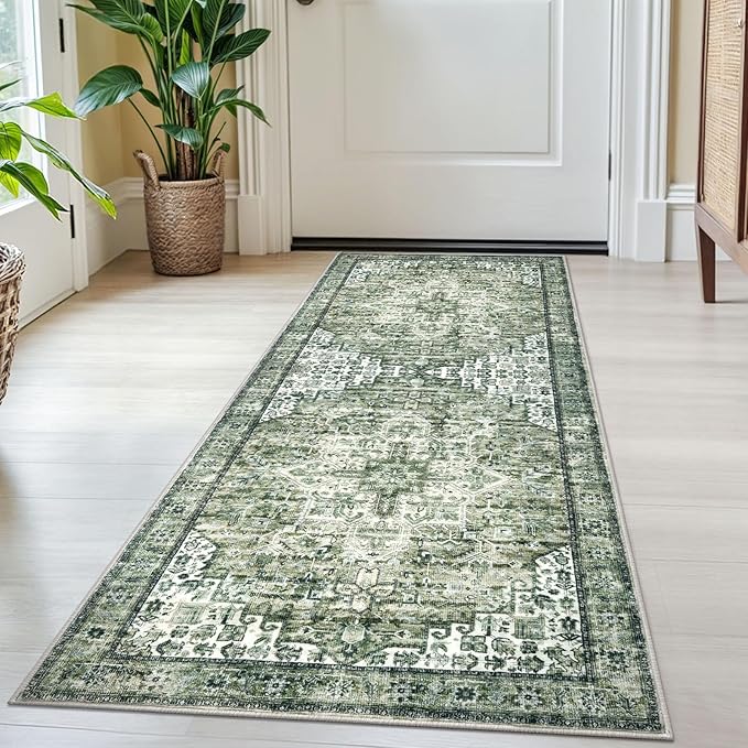 2x5 Runner for Hallways, Green Non-Slip Washable Kitchen Runners, Vintage Boho Runner Printed Rug with Non-Shedding, Soft Medallion Floor Carpet Rugs for Laundry Bedroom Entryway