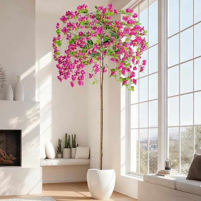 7.2FT Artificial Bougainvillea Tree Artificial Tree Tall Potted Fake Bougainvillea Trees for Outdoor Indoor Lifelike Potted Faux Plants with Wood Trunk and Flowers Office Wedding Home Decor
